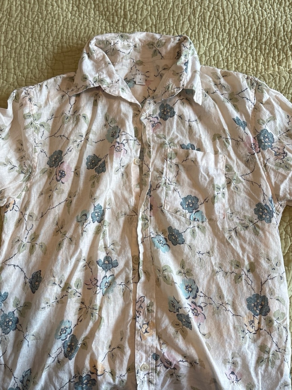 Sun + Stone White Floral Button-Down Shirt with Blue & Green Accents